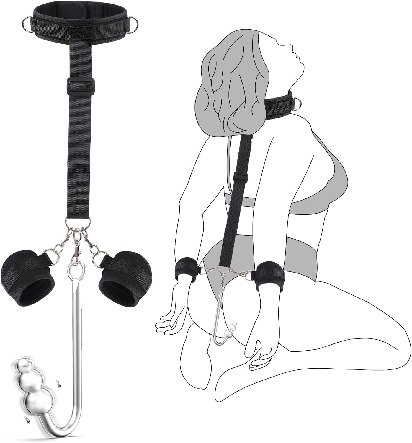 Vibrating Anal Hook BDSM Sex Bondage - Neck to Wrist Restraints Kit, Sex Toys for Couple Adjustable behind Back Handcuffs Bondage Restraints Set, Bed SM Adult Sex Game Play, Sex Toys for Beginner