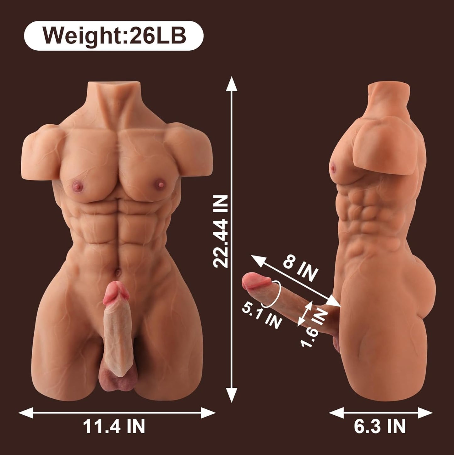 26LB Male Sex Doll for Women with 8In Flexible Huge Dildo, Realistic 3D Muscular Male Torso Sex Dolls with Tight Anal for Men Gay Couple, Big Penis Sex Toy for Female Masturbation - SinfulX -