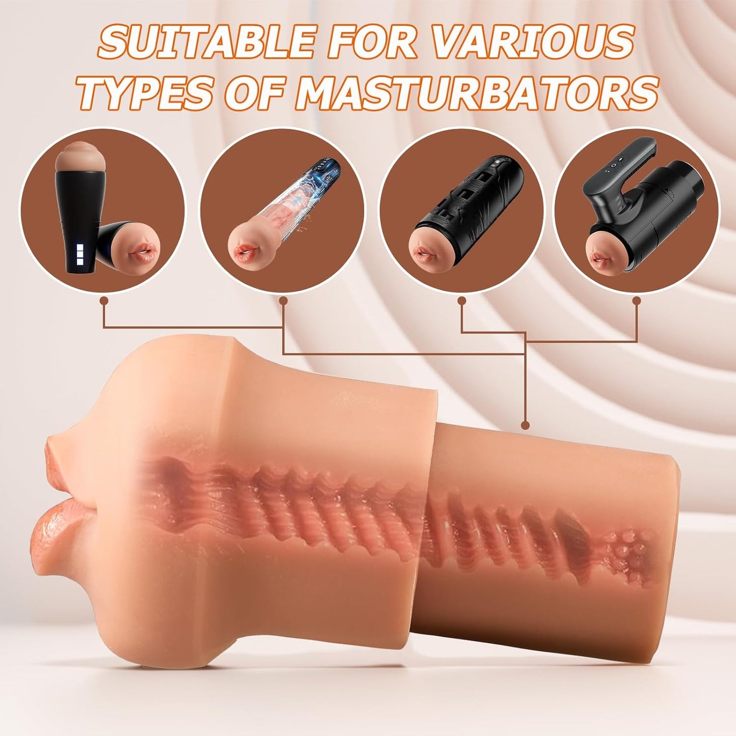 Pocket Pussy Sleeve Adapted to Any Penis Pump or Male Masturbator, Mouth Shaped, Adult Sex Toy,Washable and Portable,Tan - SinfulX -
