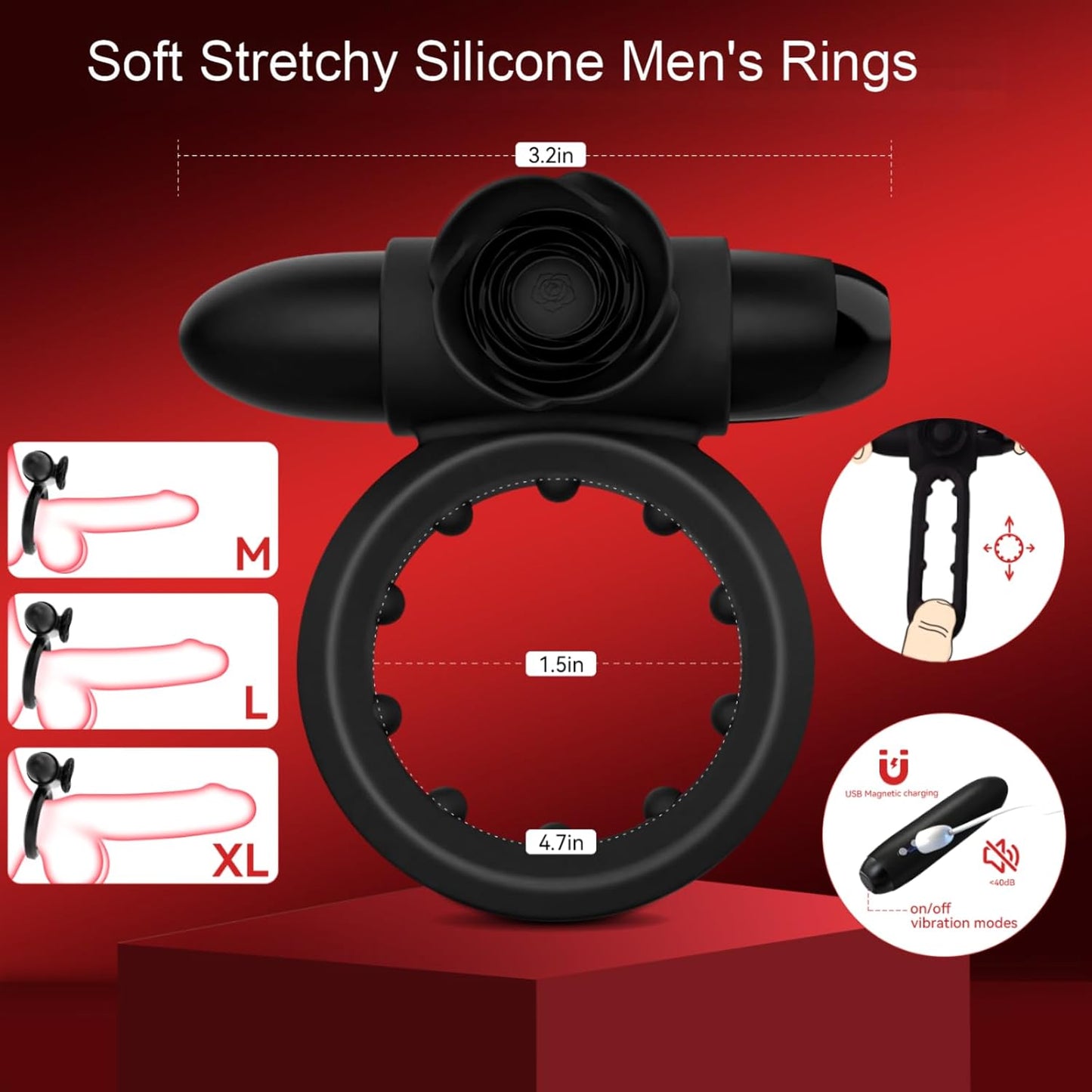 Vibrating Cock Ring with Bullet Vibrator for Men, Adult Sex Toys Penis Ring Vibrator for Penis Testicles Clitoris Stimulation, Rose Clitoral Stimulator for Couples Sex Toy, Black