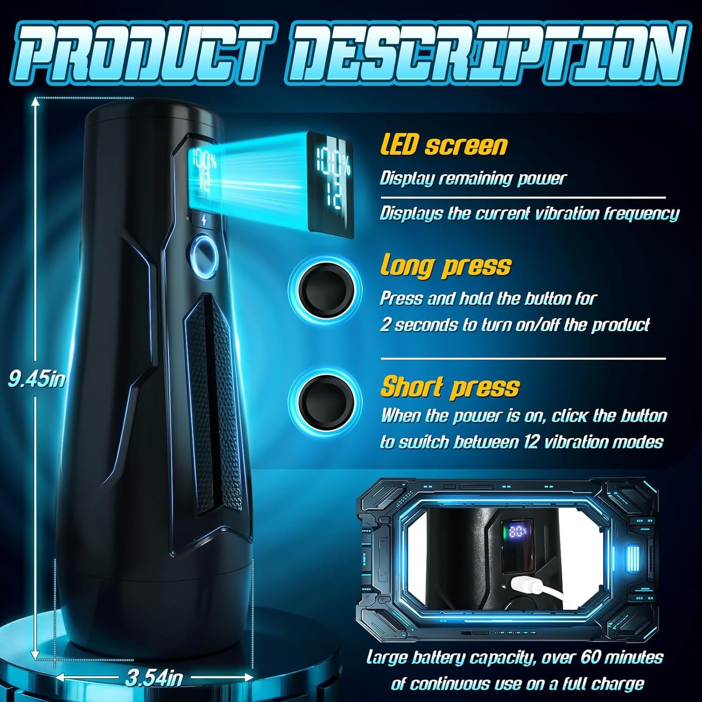 Male Masturbator Sex Toys for Men Realistic Pocket Pussy with 7.09" Depth Lifelike Textured Vagina and 12 Vibration Mode, Soft Stroker Toys, Penis Training Adult Toy