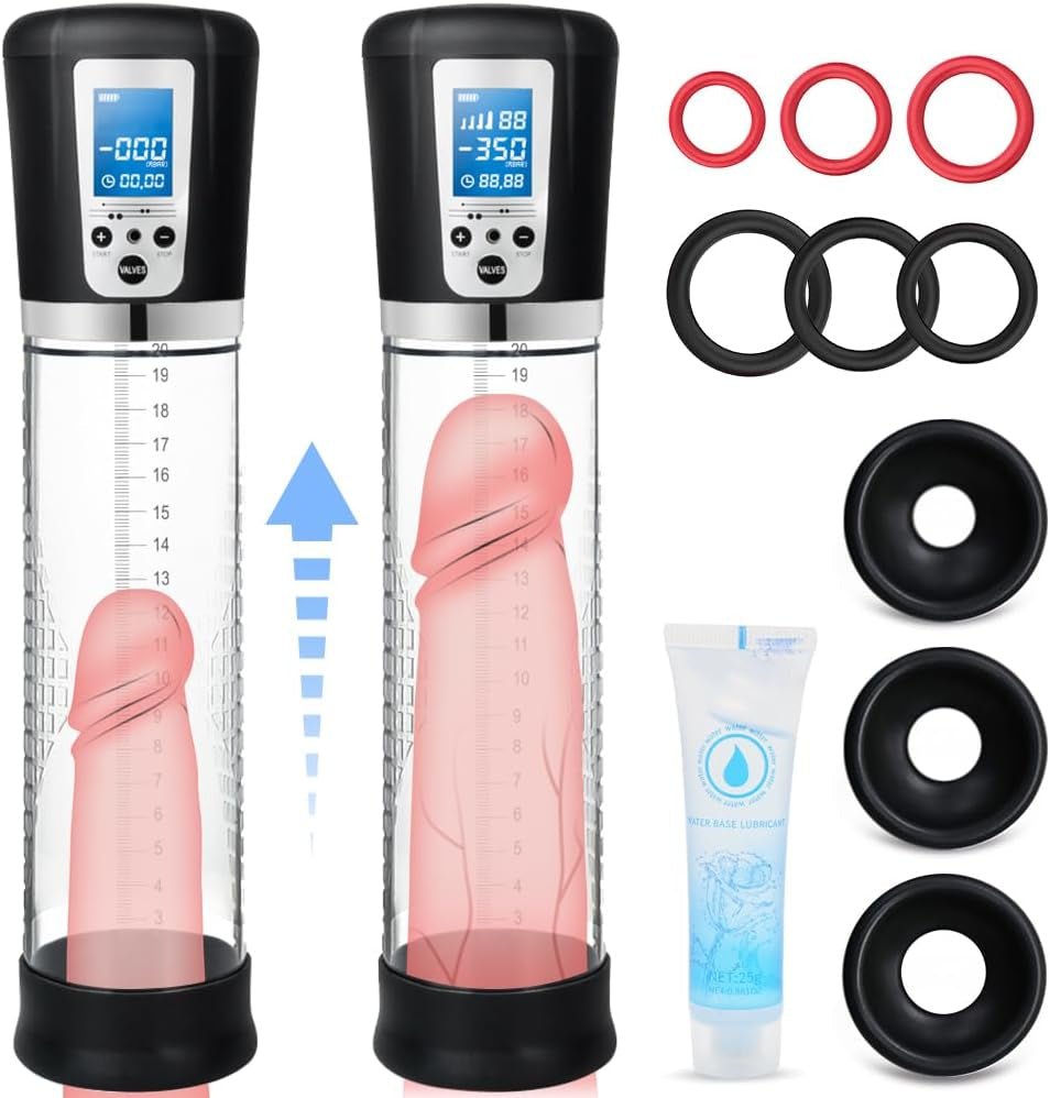 Male Penis Pump Sex Toys, Automatic Enlargers & Extend Pump for Men with LED Display, Adult Toys for Men Penis Entender Erection Pumps, Sex Toys - Pumps & Enlargers (6 Cock Rings) - SinfulX -