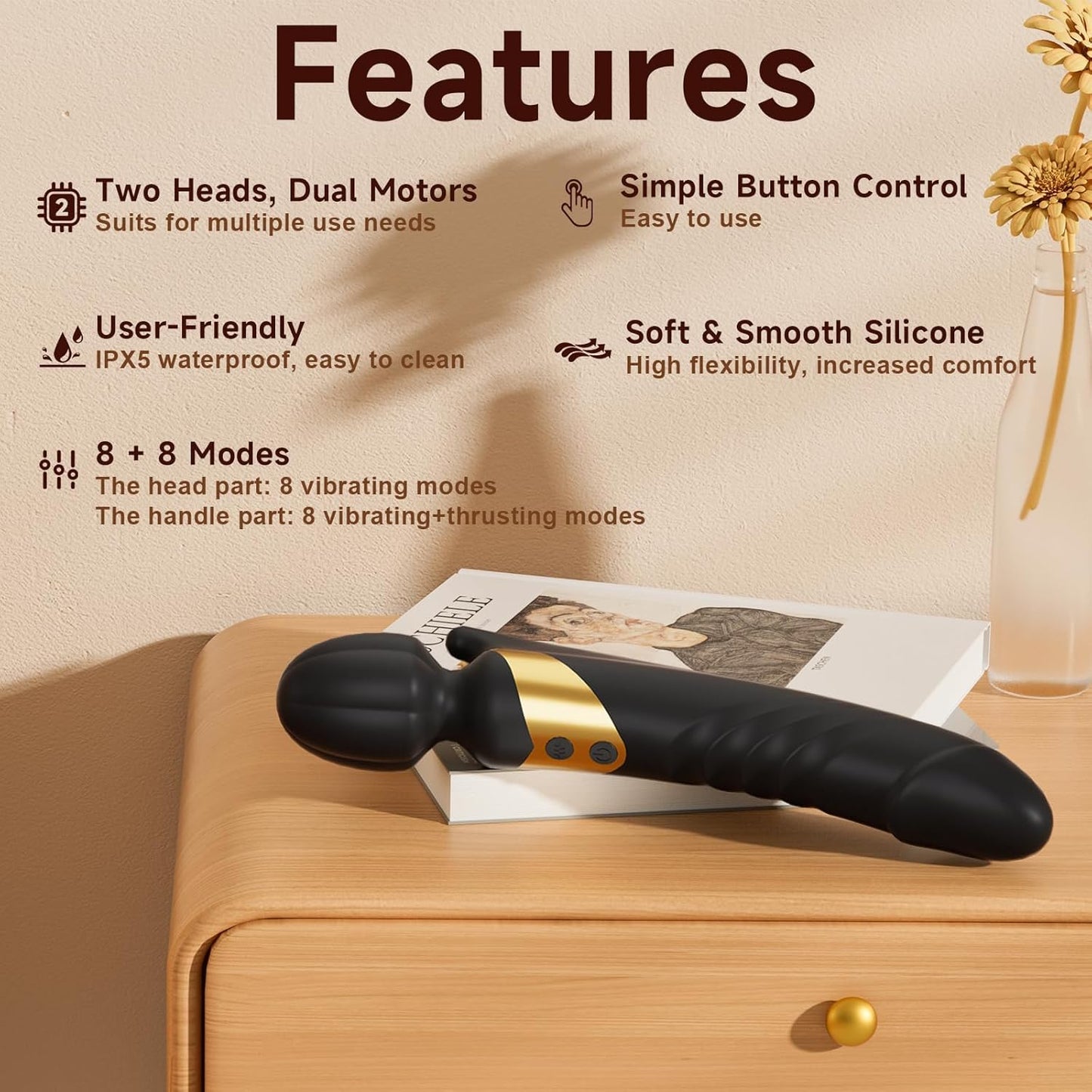 TwinThrive Dual End Wand Vibrator Thrusting Dildo 8+8 Modes - SinfulX - Personal Care > Sexual Wellness > Wand Vibrator
