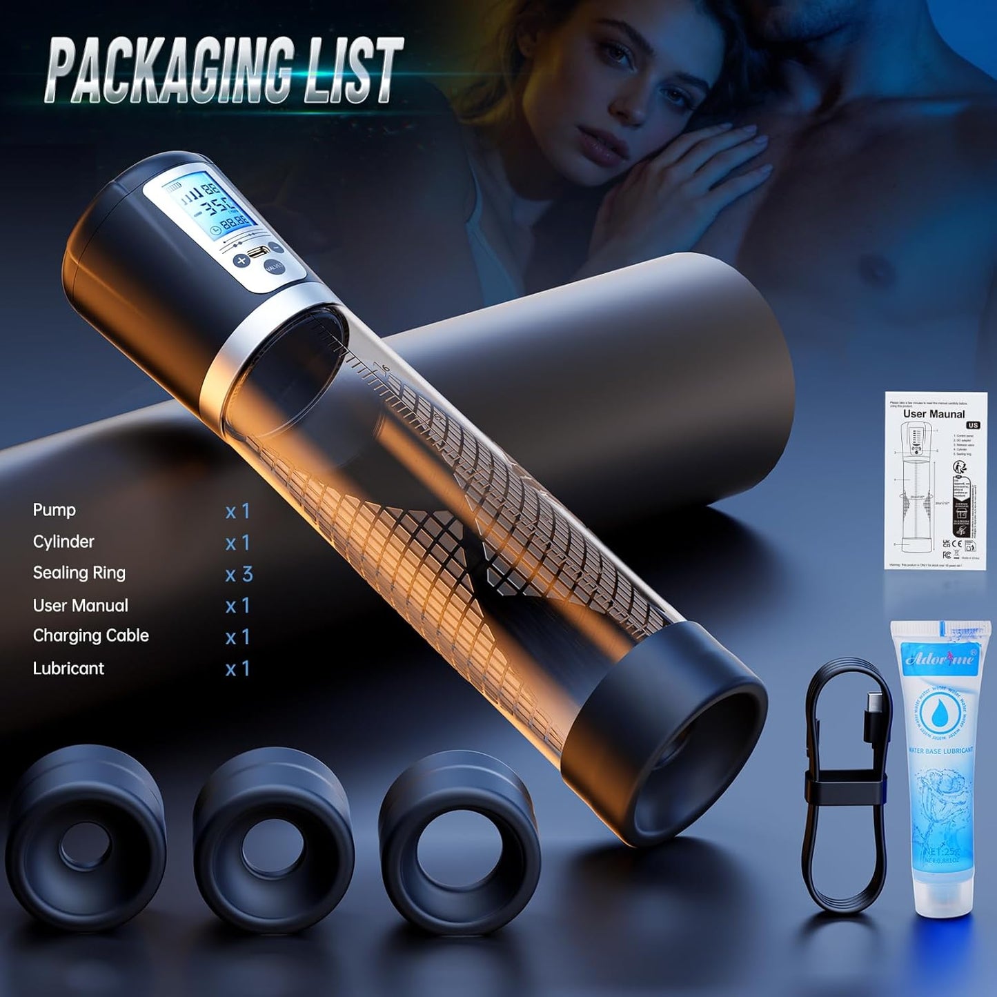 Male Penis Pump Sex Toys, Automatic Enlargers & Extend Pump for Men with LED Display, Adult Toys for Men Electric Penis Entender Erection Pumps, Sex Toys - Pumps & Enlargers (6 Cock Rings) - SinfulX -