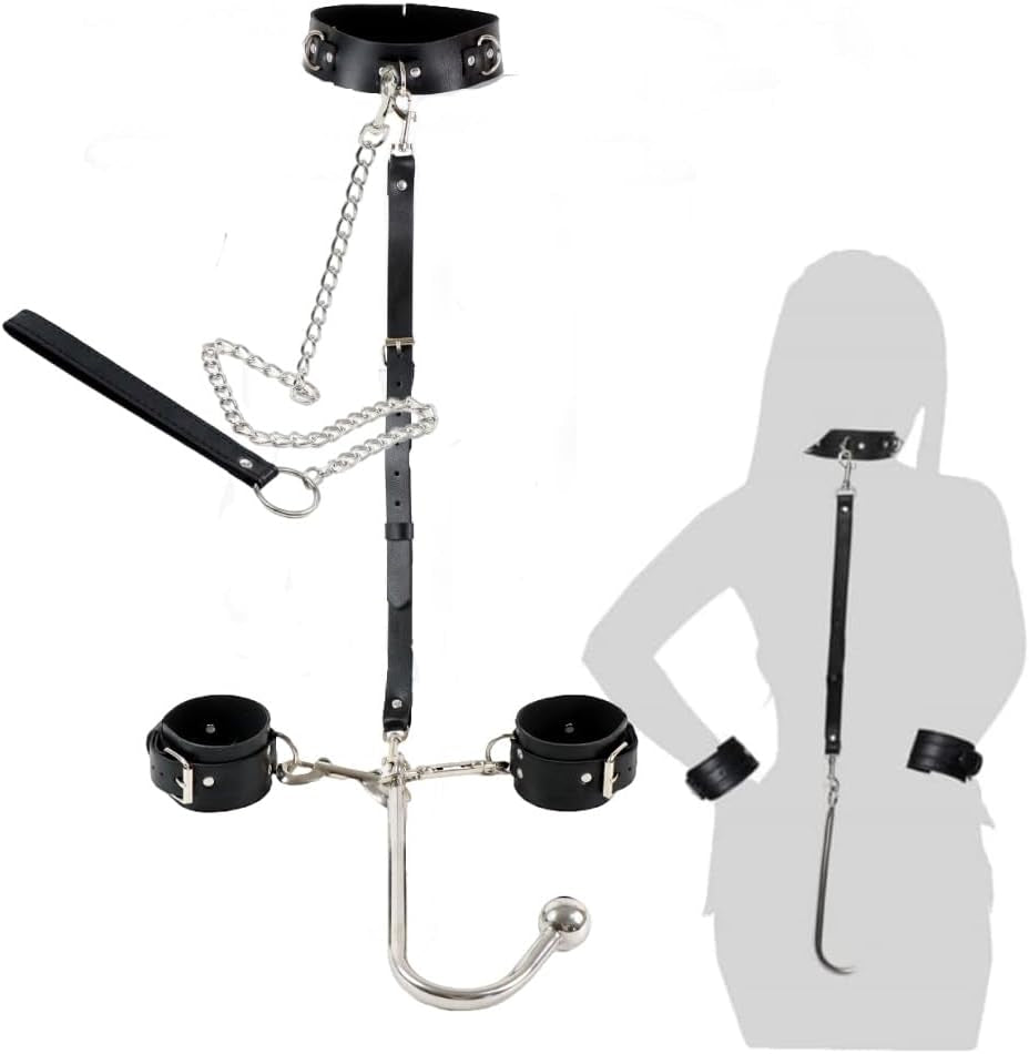 Anal Hook BDSM Bondage Set with Adjustable Handcuffs & Collar Leather Restraints Kit with Towing Chain Anal Plug Sex Toy for Adults Erotic Slave Games Foreplay - SinfulX -