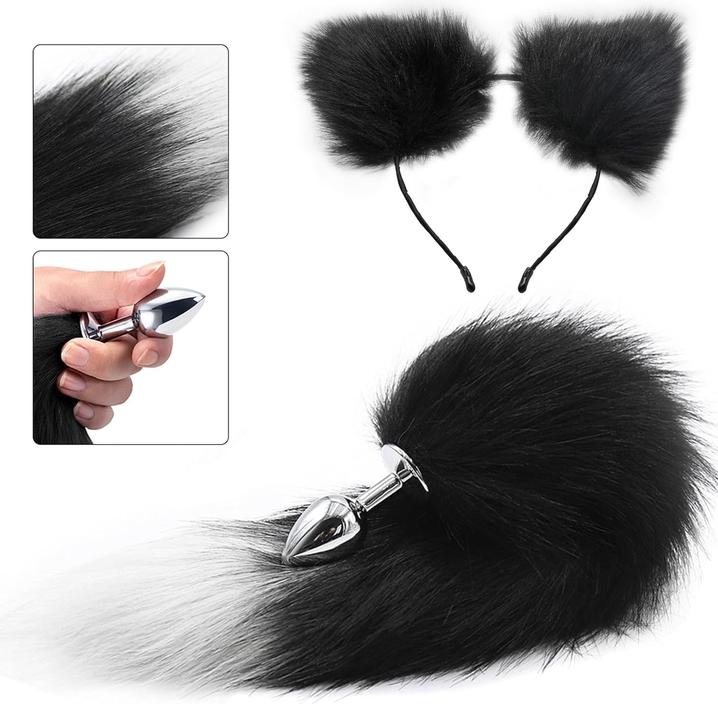 FrostTip Black White Fox Tail Steel Butt Plug 13" - SinfulX - 