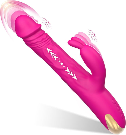 Sex Toys Thrusting Vibrator for Women, Adult Rabbit Thrusting G Spot Dildo with Vibrating Ears, Vibrators Silicone Realistic Vibradores, 3 in 1Vibrators with 5 Thrusting 10 Vibrations Modes (Pink)