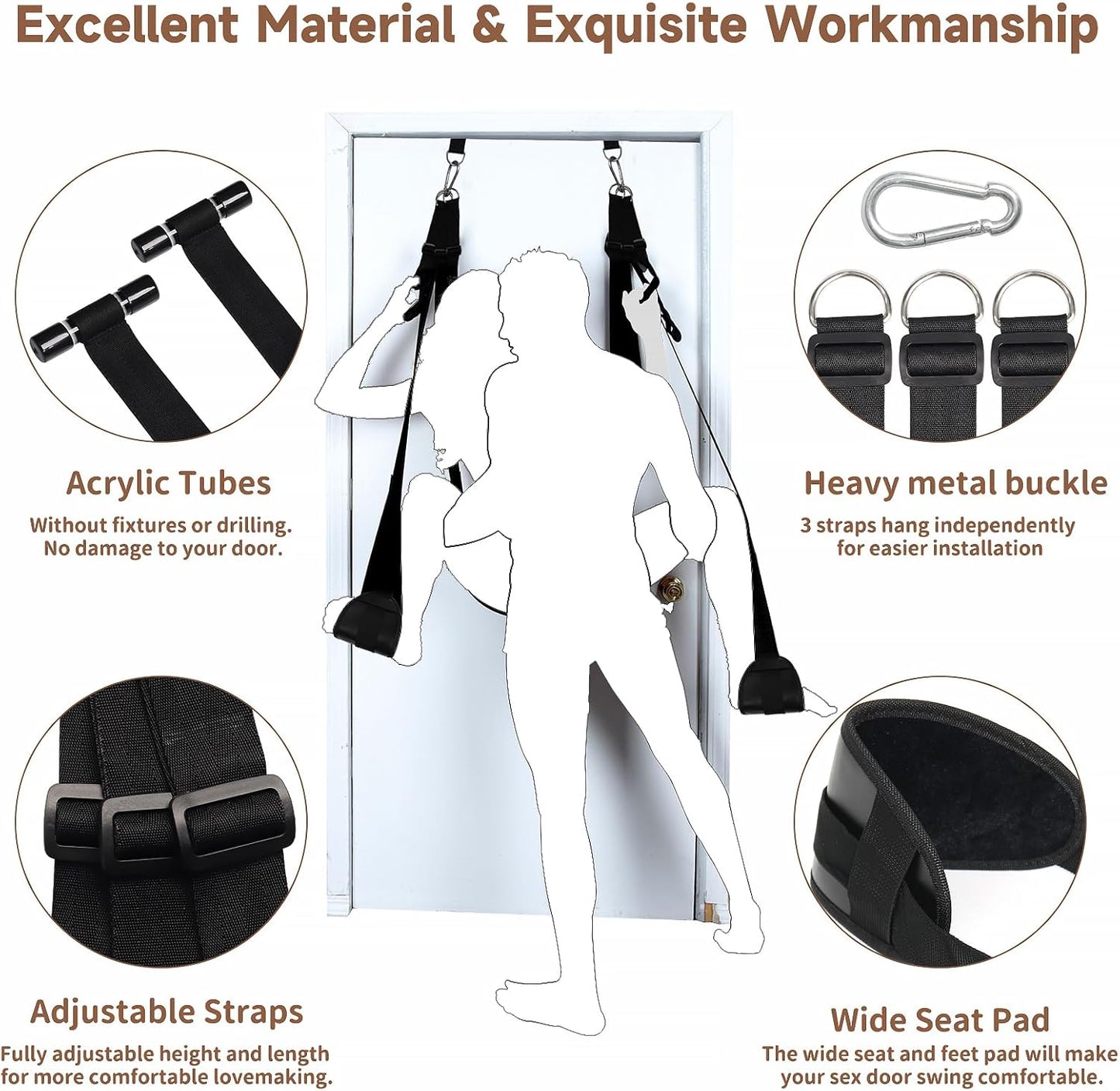 BDSM Door Sex Swings with Seat, Bondage Slave Leather Soft Plush Sex Slings with Adjustable Straps, Hanging Door Handcuffs Leg Restraints Spreader Kinky Adult Sex Toys for Couple, Holds up to 300Lbs