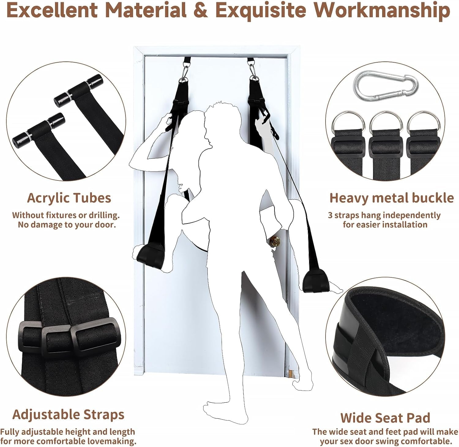 BDSM Door Sex Swings with Seat, Bondage Slave Leather Soft Plush Sex Slings with Adjustable Straps, Hanging Door Handcuffs Leg Restraints Spreader Kinky Adult Sex Toys for Couple, Holds up to 300Lbs
