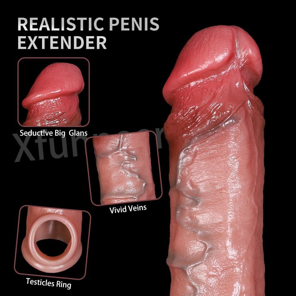 Realistic Penis Cock Sleeve Extender - 8″ Reusable Penis Sleeve Extender Girth Penis Enlarger Adult Sex Toy for Men Couples Sex Play, Thick Dick Sleeve Cock Ring to Delay Ejaculation Stronger Erection - SinfulX - 