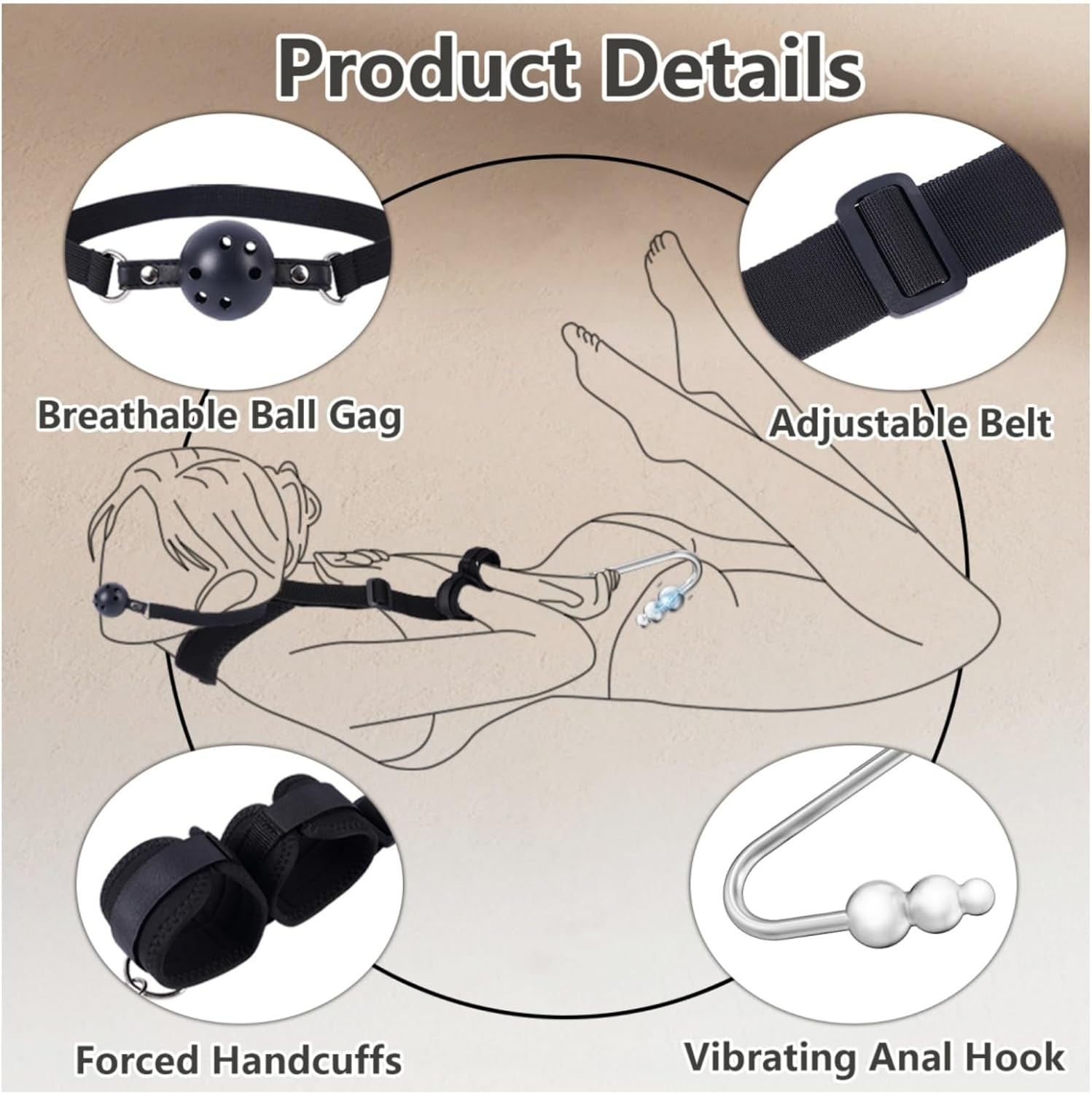 Vibrating Anal Hook BDSM Sex Bondage - Neck to Wrist Restraints Kit, Sex Toys for Couple Adjustable Back Handcuffs Bondage Restraints Set, Bed SM Adult Sex Game Play, Sex Toys for Beginner - SinfulX - 