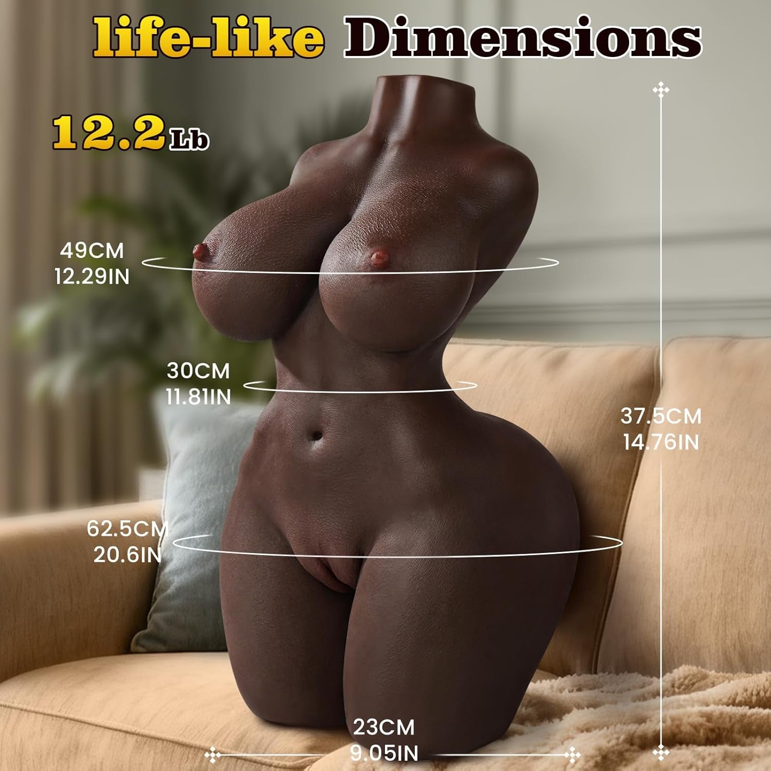 Sex Doll Male Masturbator - Adult Sex Toys for Men with 2:1 Hip - To - Waist Ratio Big Boods & Soft Ass, Black Skin Pocket Pussy Torso Sex Dolls Built - In Flexible Skeleton with Vaginal Anal Tunnel - SinfulX - 