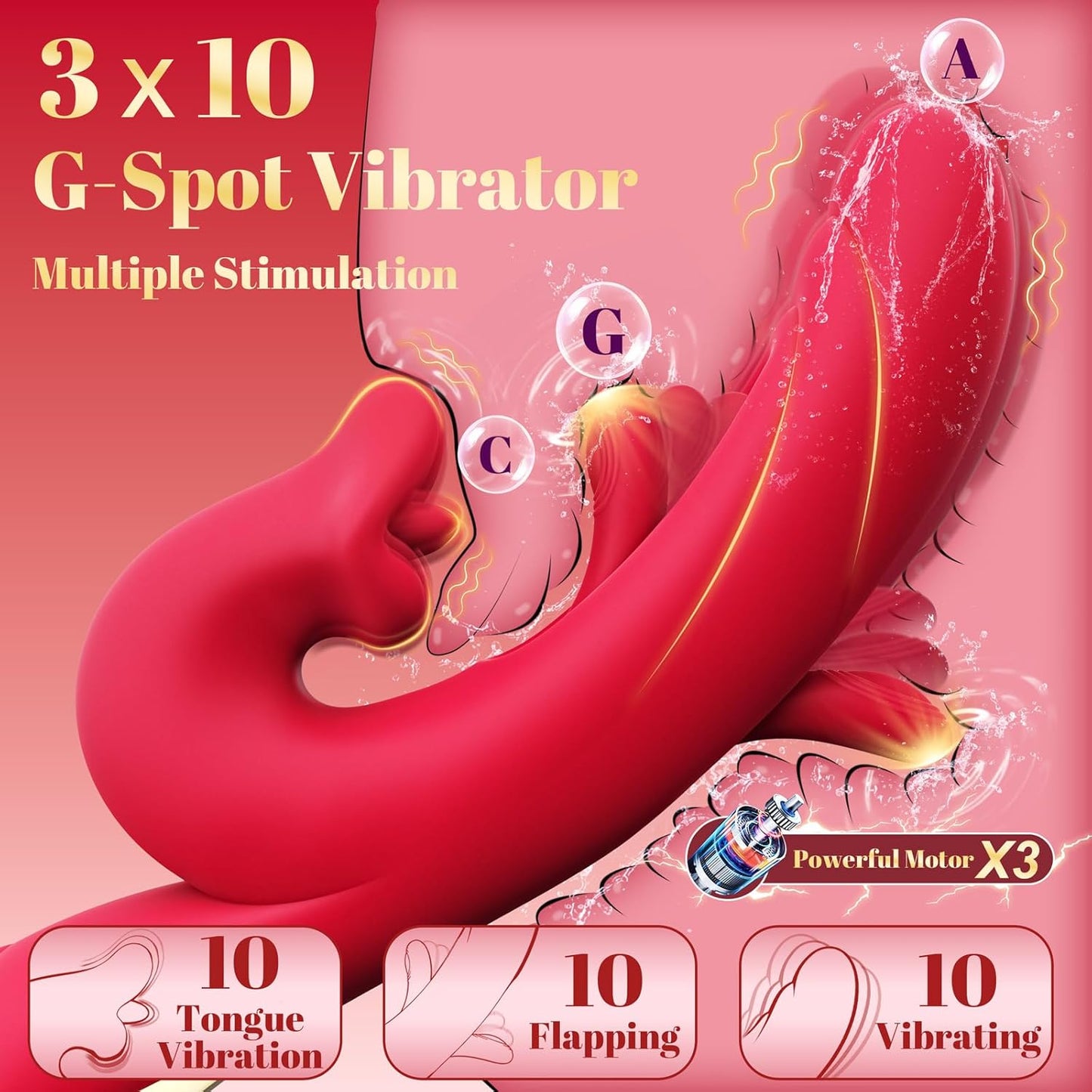 Rabbit Vibrator Adult Toys for Women, Dildo Sex Toy with 10 Tongue Vibration and 10 Flapping Modes, 3 - In - 1 Rose Toy Vibrators for G Spot Clit Stimulator Pleasure and Female Couples Games - SinfulX - 