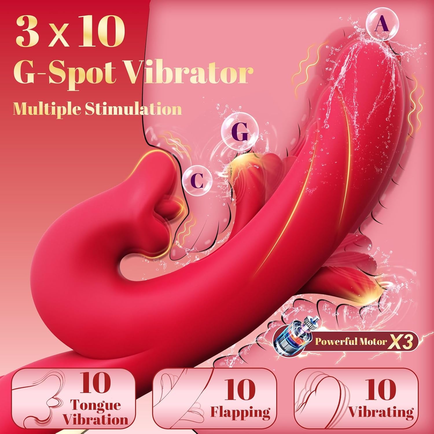Rabbit Vibrator Adult Toys for Women, Dildo Sex Toy with 10 Tongue Vibration and 10 Flapping Modes, 3 - In - 1 Rose Toy Vibrators for G Spot Clit Stimulator Pleasure and Female Couples Games - SinfulX - 