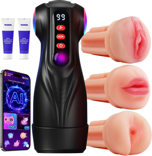 Male Masturbator Sex Toys for Men - 3 Sleeves AI Sync Pocket Pussy Penis Pump with 9 Sucking & 9 Vibrating, APP Adult Toys Mens Sex Toy, Colorful Lighting Stroker Machine Erotic Massage Kits - SinfulX - 