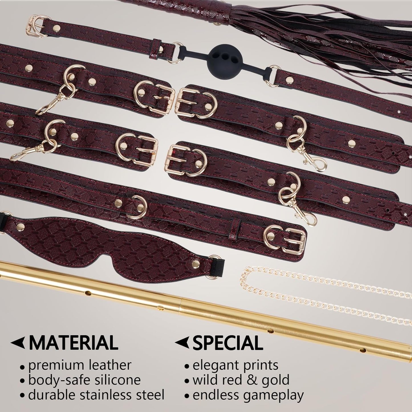 10PCS BDSM Kit Spreader Bar Sex Toys Furniture Restraints, Stunning Leather Bondage Set Handcuffs Ankle Cuffs for Couples Adult Sexual Games Play Kinky (Red, Adjustable) - SinfulX - 