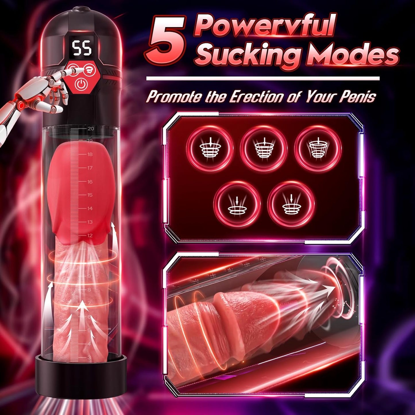 Sex Toys Electric Penis Pump - Male Sex Toys - Pumps & Enlargers Male Masturbator with 5 Suction Intensities & 7 Vibrating Modes, Dick Pump Penis Enlarger for Men Erection, Cock Pump with Pocket Pussy - SinfulX - 