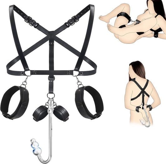 Vibrating Anal Hook BDSM Sex Bondage Restraints Kit, Thigh Sling Chest Harness behind Back Handcuffs, 3 Balls Anal Trainer with 9 Vibration Modes, SM Fetish Unisex Sex Toys for Couples - SinfulX - 