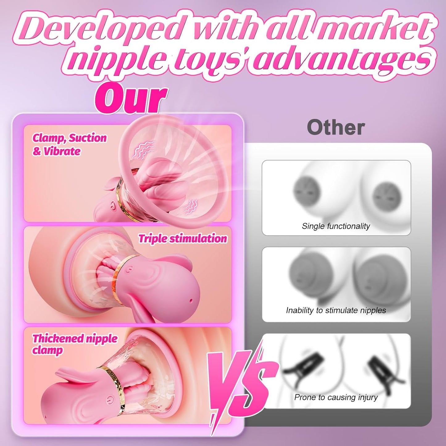 LuxeSuctionX Suction Nipple Vibrators 10 Modes – Soft Silicone - SinfulX - Personal Care > Sexual Wellness > Nipple Stimulator