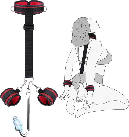 Vibrating Anal Hook BDSM Sex Bondage - Neck to Wrist Restraints Kit, Sex Toys for Couple Adjustable behind Back Handcuffs Bondage Restraints Set, Bed SM Adult Sex Game Play, Sex Toys for Beginner
