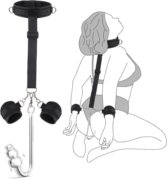 Vibrating Anal Hook BDSM Sex Bondage - Neck to Wrist Restraints Kit, Sex Toys for Couple Adjustable behind Back Handcuffs Bondage Restraints Set, Bed SM Adult Sex Game Play, Sex Toys for Beginner