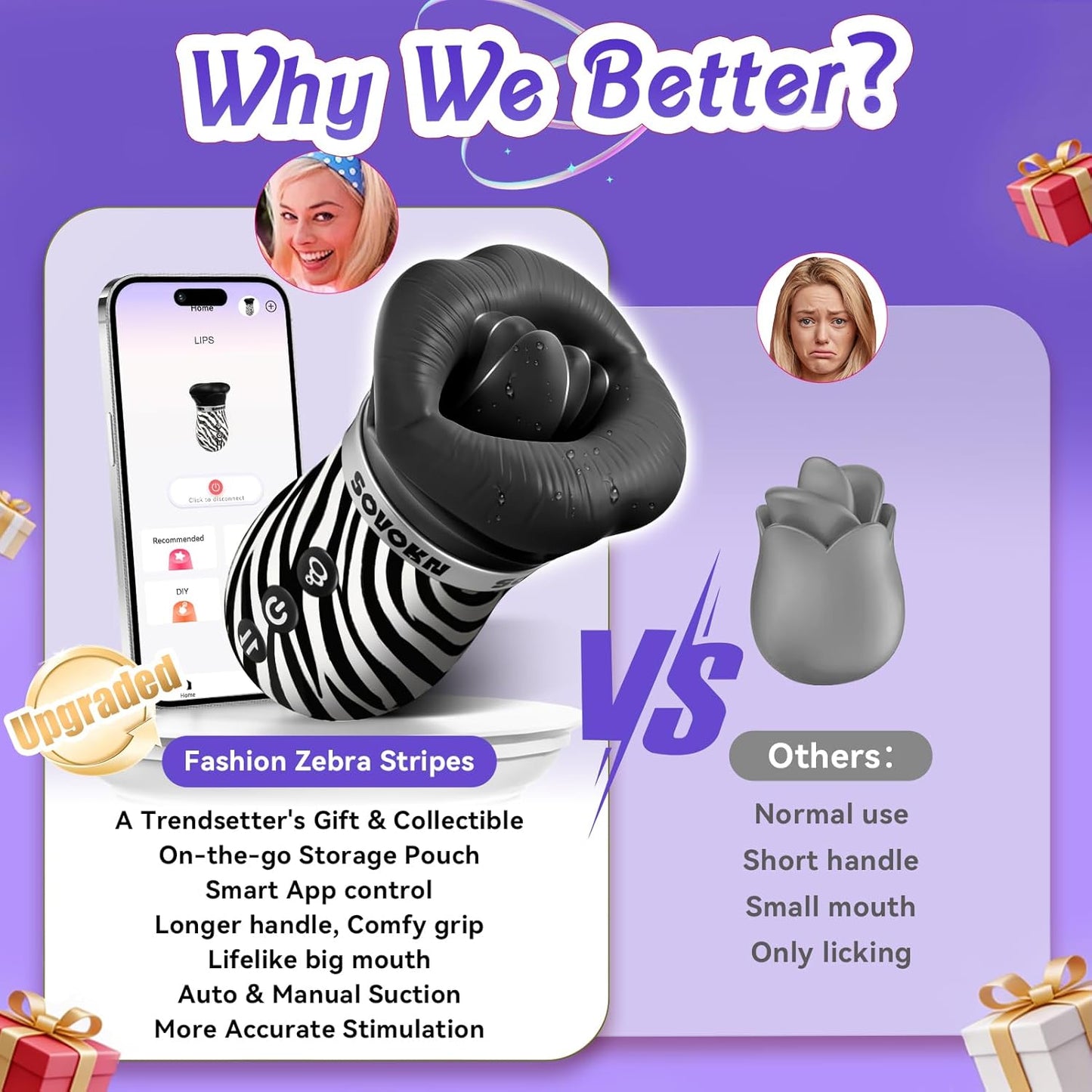 Vibrator Adult Sex Toys for Women - New Zebra Print Mouth Sex Toy with 10 Tongue Licking, 3 Auto & Manual Suction, Smart AI App Control Vibrators for Clit Nipple Anal, Adult Toys & Games for Couples - SinfulX - 