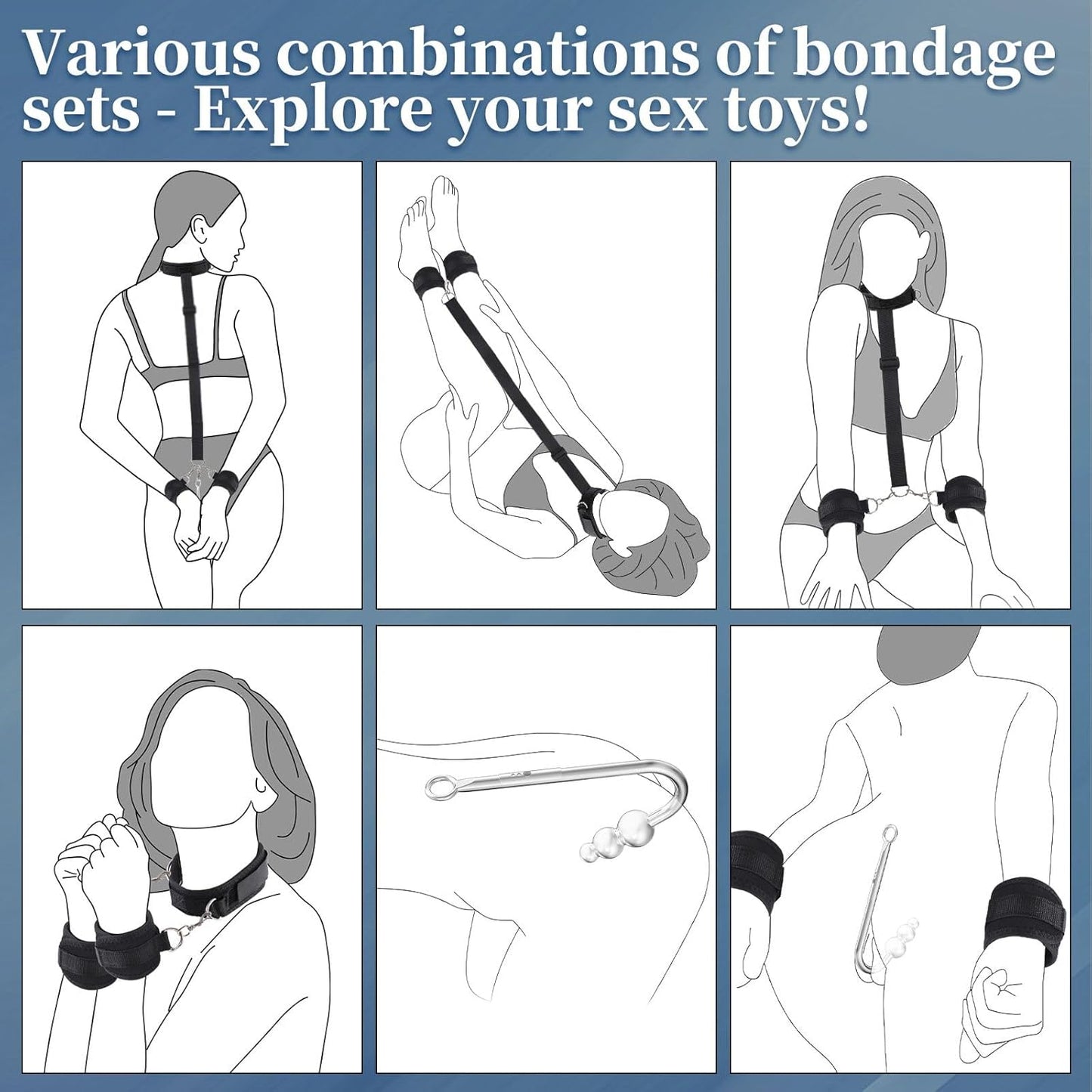 Vibrating Anal Hook BDSM Sex Bondage - Neck to Wrist Restraints Kit, Sex Toys for Couple Adjustable behind Back Handcuffs Bondage Restraints Set, Bed SM Adult Sex Game Play, Sex Toys for Beginner