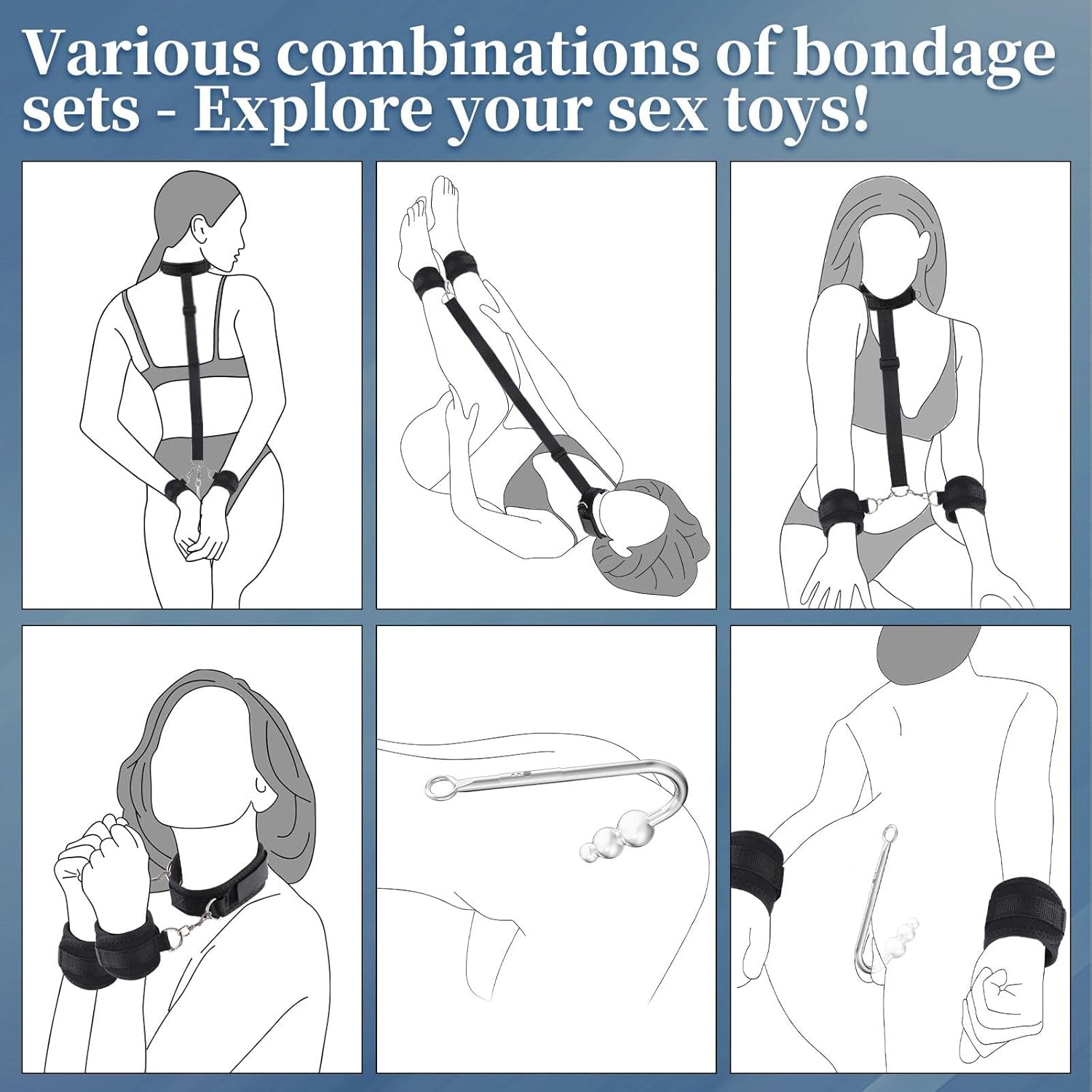Vibrating Anal Hook BDSM Sex Bondage - Neck to Wrist Restraints Kit, Sex Toys for Couple Adjustable behind Back Handcuffs Bondage Restraints Set, Bed SM Adult Sex Game Play, Sex Toys for Beginner