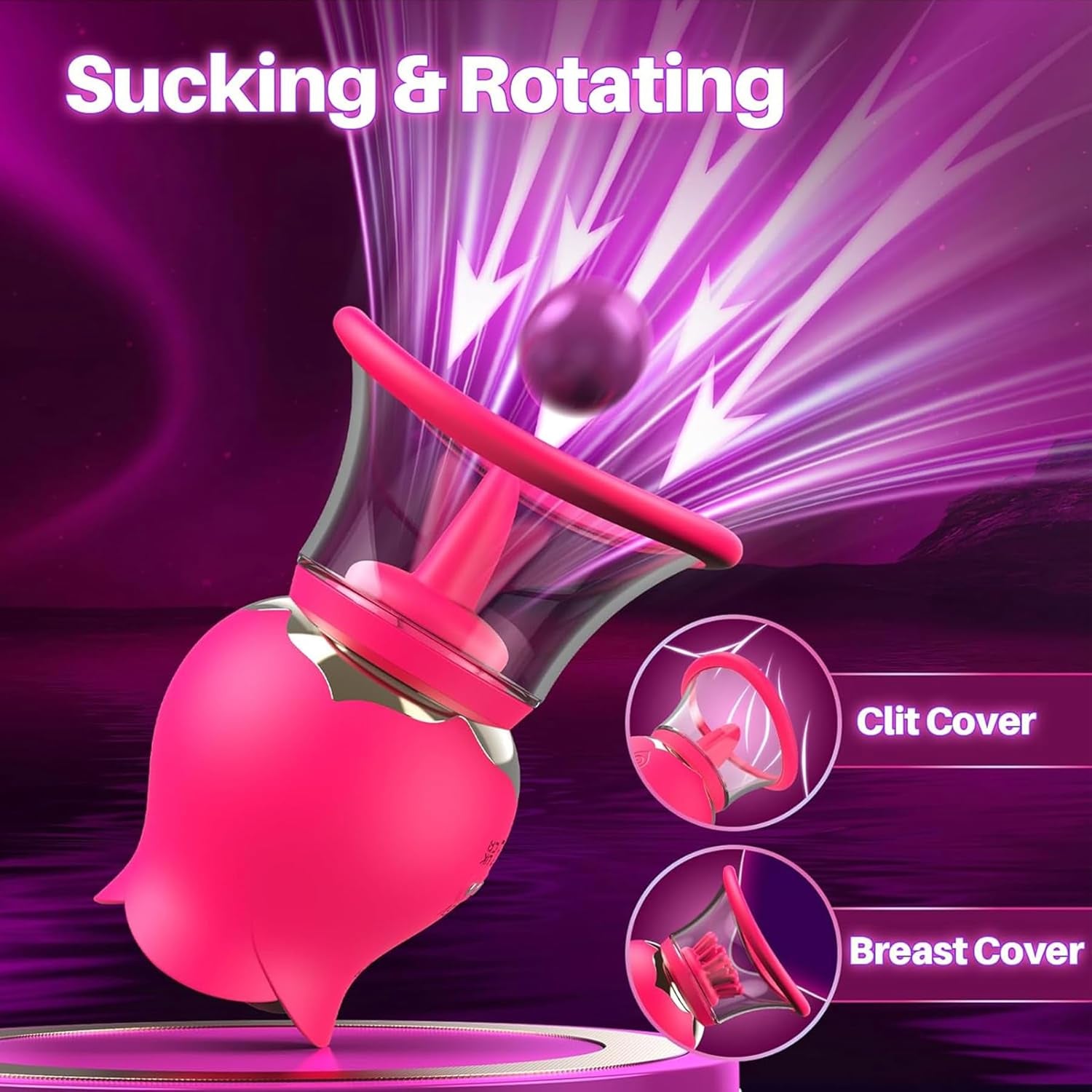 Sucking Vibrator Rose Toy with 3 Brush Heads 2 Removable Cups, Adult Sex Toys Clit Sucker for Clitoral Nipple Stimulation, Nipple Sex Toy Vibrators with 12 Rotation for Women or Couples - SinfulX - 