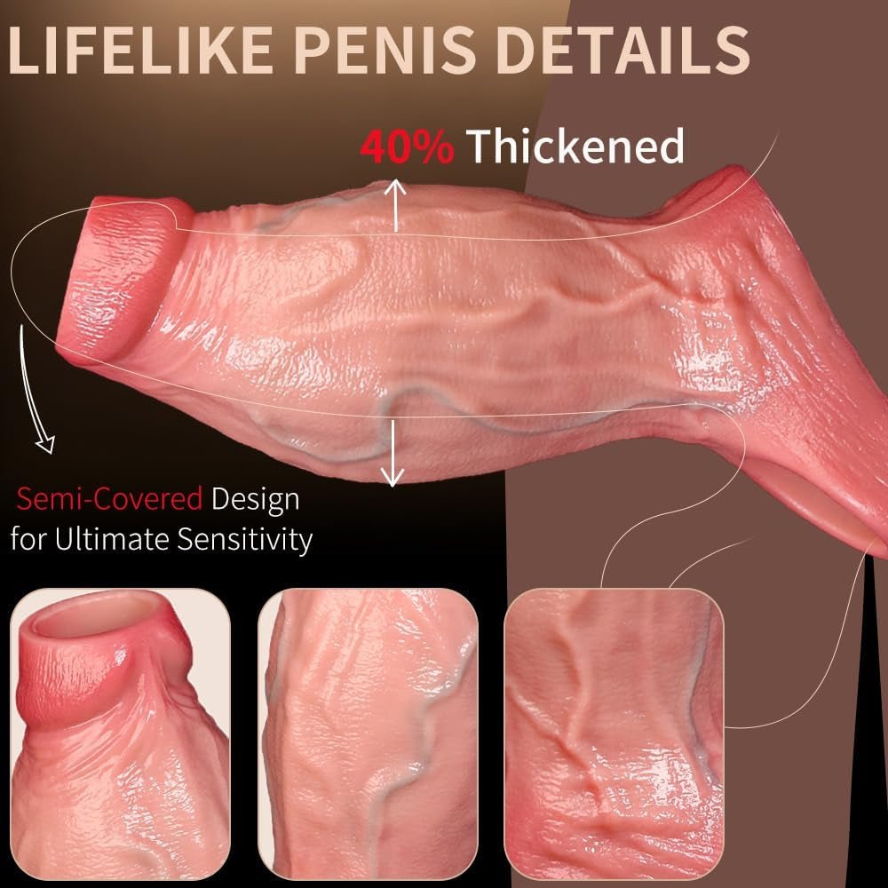 2.5'' Diameter Large Realistic Penis Sleeve, Reusable Cock Enlarger Extender with Thickened Elastic Penis Ring to Prolong Sex/Delay Ejaculation/Enhance Erection,Silicone Sheath Adult Sex Toys - SinfulX - 
