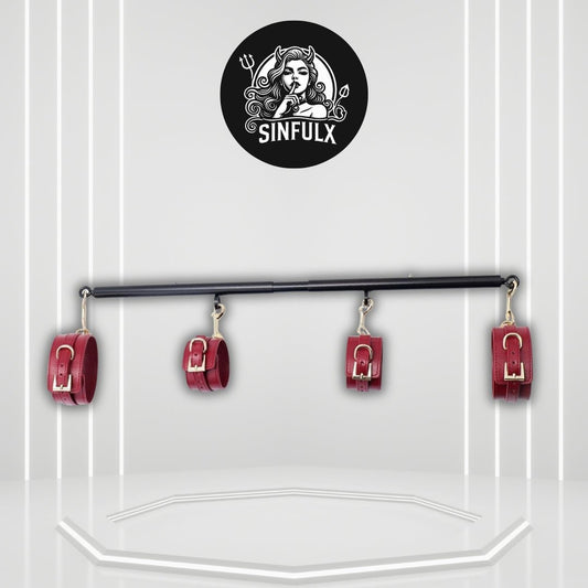 CrimsonVelvet Wine Red Spreader Bar with Furry Cuffs - SinfulX -