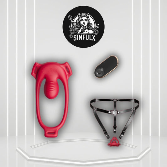 CrimsonControl Red Cock Ring Clit Vibrator Remote Harness - SinfulX -
