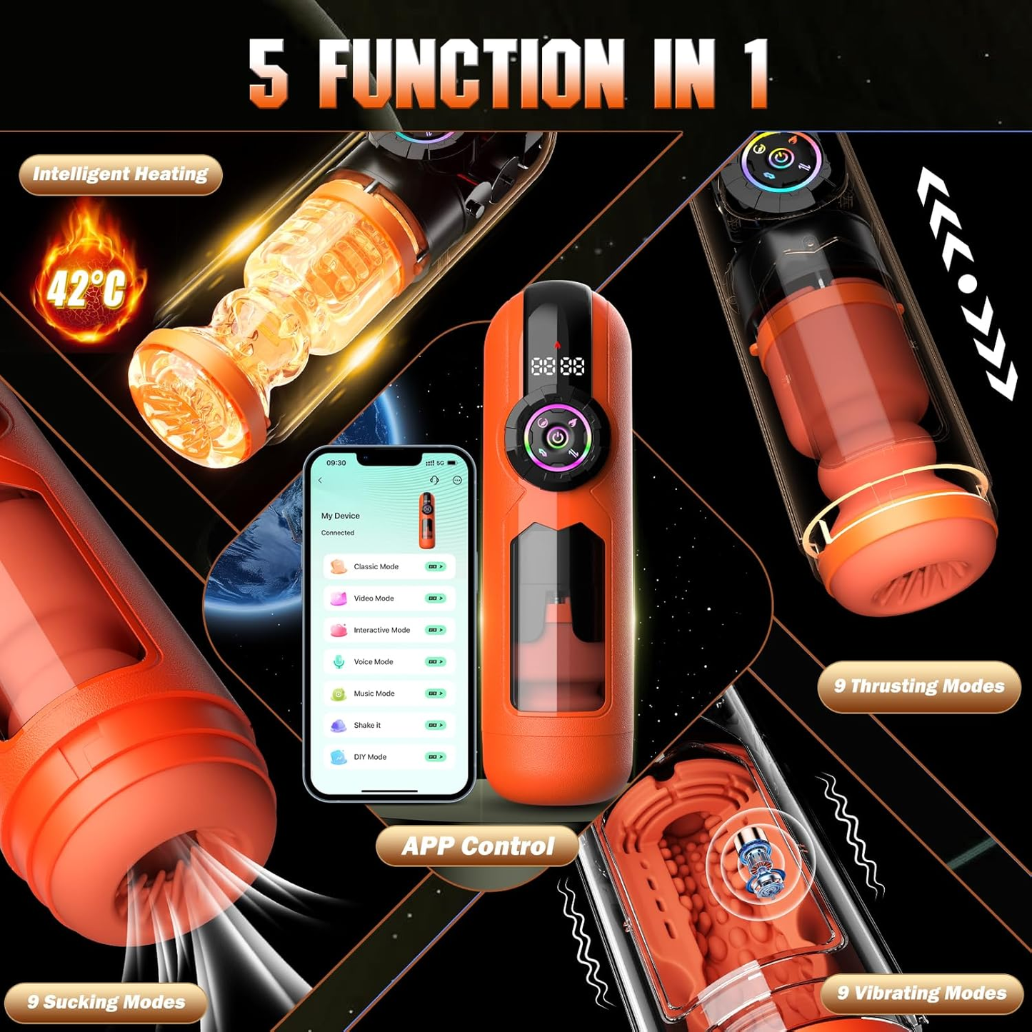 Heating Male Masturbator Penis Pump, Upgrade 5 in 1 Male Sex Toys for Men, AI Interaction APP Control with 9 Vibrating & Licking & Thrusting & Suck Modes, Adult Sex Toy Machines Devices Pocket Pussy - SinfulX - 