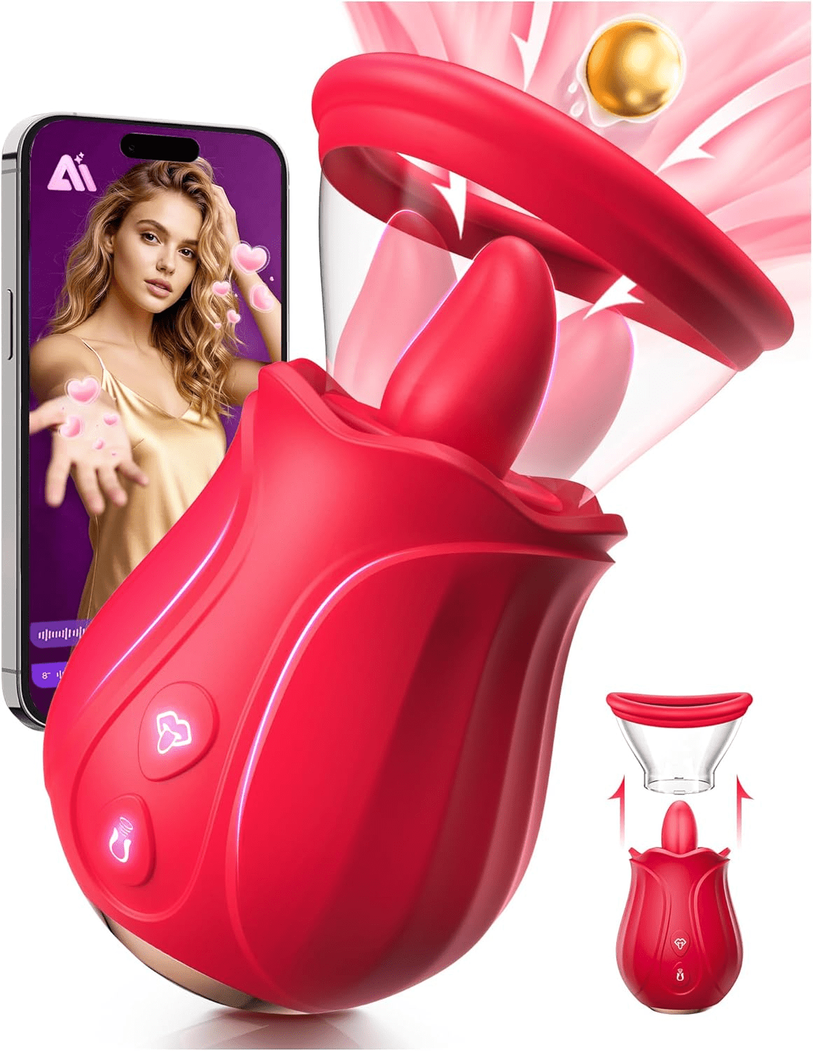 Vibrator Sex Toys Adult Toys - Rose Toy Sex Toy for Women AI Sync 7 Suctions, 360° Rotation Vibrators with 10 Tongue Licking & Vibrating for Clitoral Nipple, Removable Cup Sex Novelties - SinfulX - 
