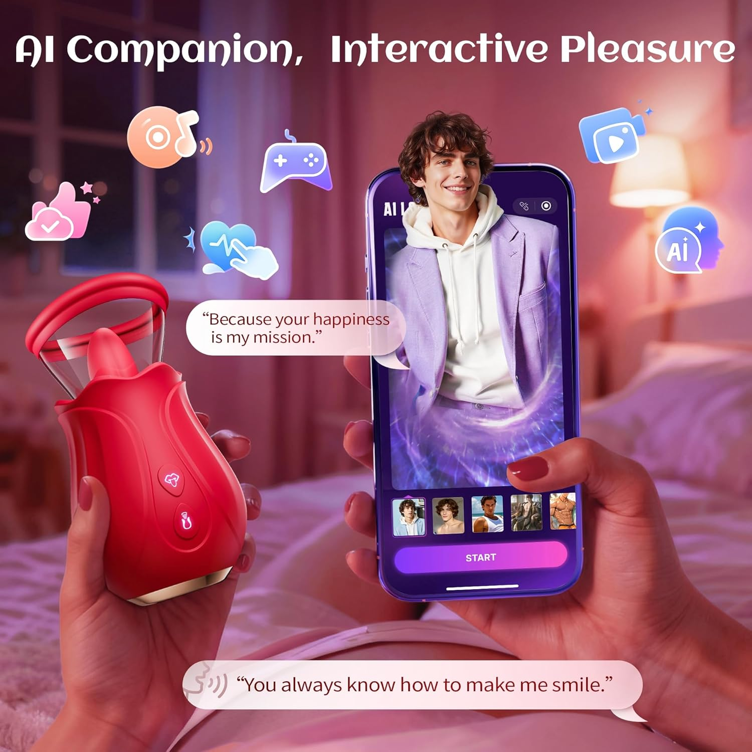 Vibrator Sex Toys Adult Toys - Rose Toy Sex Toy for Women AI Sync 7 Suctions, 360° Rotation Vibrators with 10 Tongue Licking & Vibrating for Clitoral Nipple, Removable Cup Sex Novelties - SinfulX - 