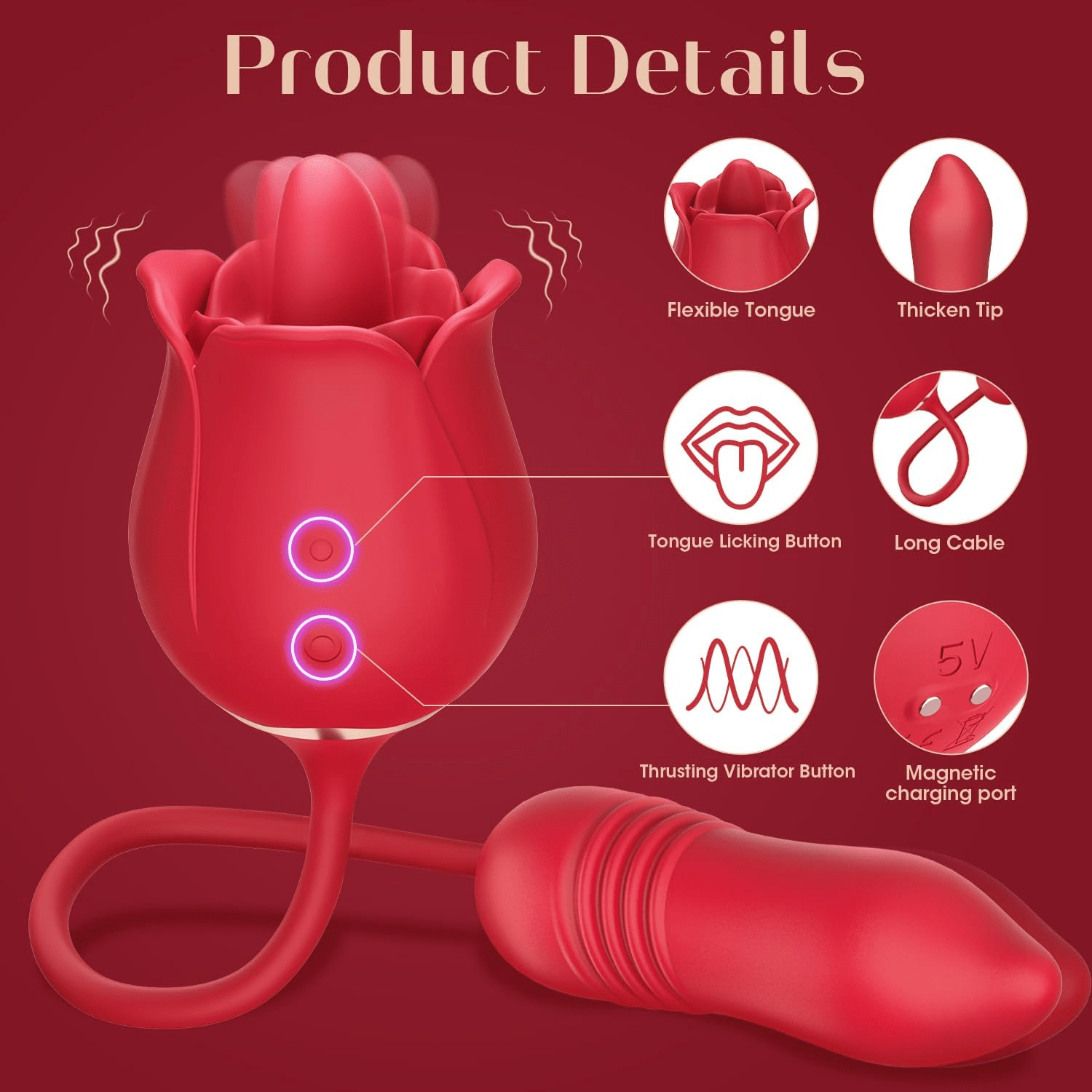 Rose Toy Vibrator Adult Sex Toys, App & AI Sync G Spot Thrusting Dildo with 9 Tongue Licking & 9 Thrusting Vibrating Modes, Women Sex Toy for Couples, Clitoral Stimulator for Anal Nipple - SinfulX - 