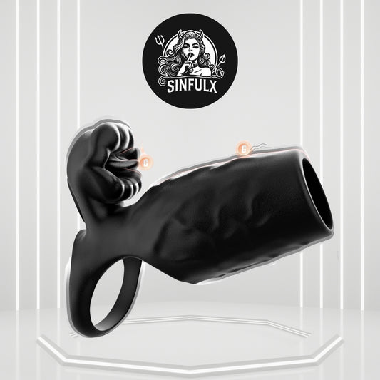 TongueShock Vibrating Cock Sleeve with Clit Stimulator - SinfulX -