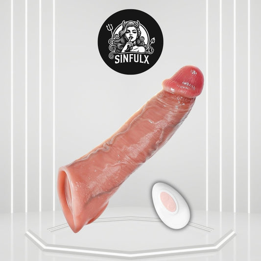 PowerSync Vibrating Penis Sleeve 10 Modes Remote Control - SinfulX -