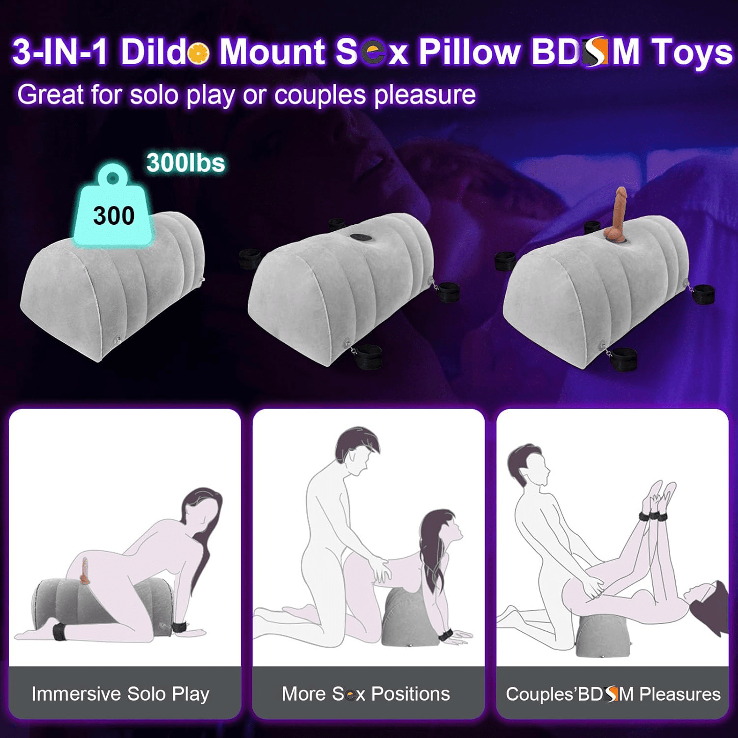 DominaLift Inflatable BDSM Pillow with Dildo Mount & Cuffs - SinfulX - Personal Care > Sexual Wellness > Sex Pillow