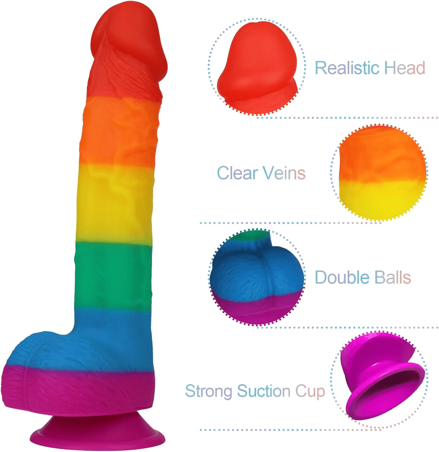 9.3 Inch Realistic Rainbow Dildo Adult Sex Toys Liquid Silicone Material Strong Suction Cup G - Spot Hands - Free Play Long Penis 2 Balls for Vaginal Women Men - SinfulX - 
