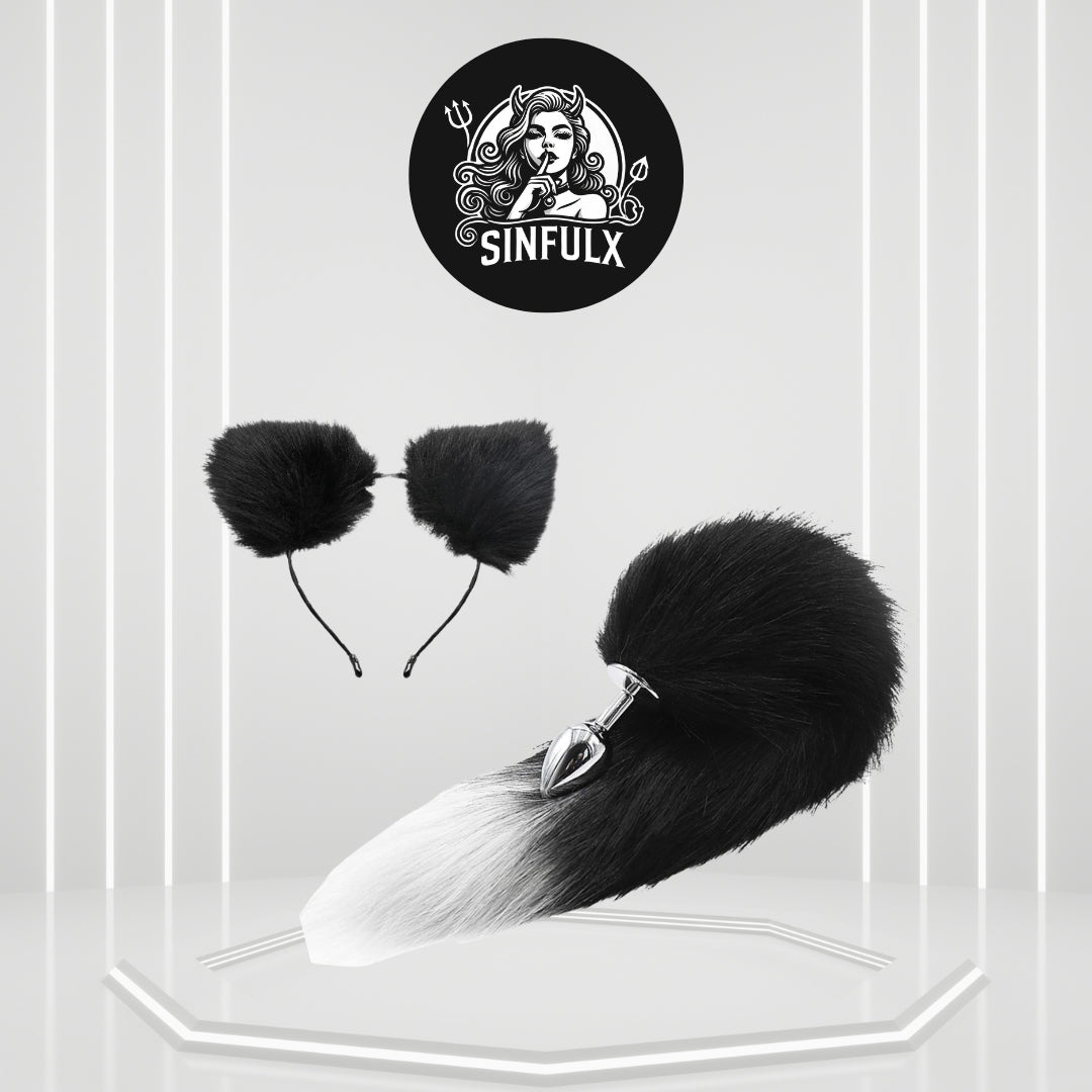 FrostTip Black White Fox Tail Steel Butt Plug 13" - SinfulX - 