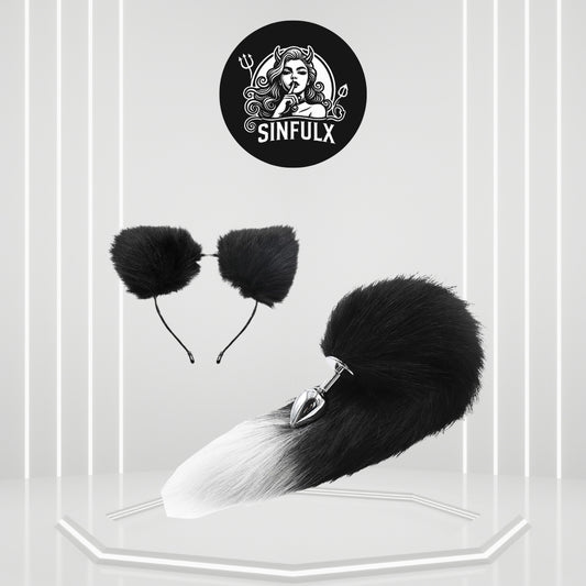 FrostTip Black White Fox Tail Steel Butt Plug 13" - SinfulX - 