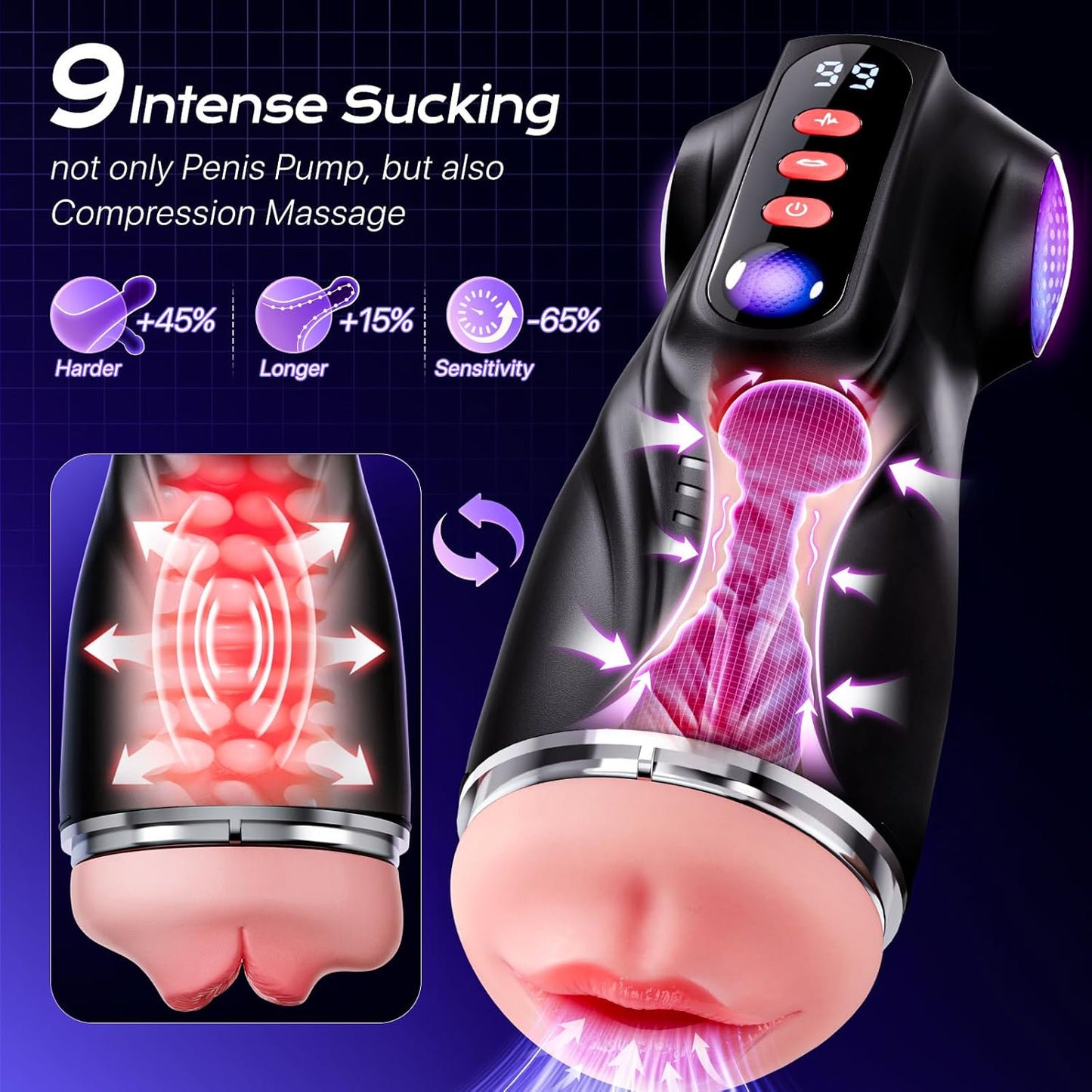 Male Masturbator Sex Toys for Men - 3 Sleeves AI Sync Pocket Pussy Penis Pump with 9 Sucking & 9 Vibrating, APP Adult Toys Mens Sex Toy, Colorful Lighting Stroker Machine Erotic Massage Kits - SinfulX - 
