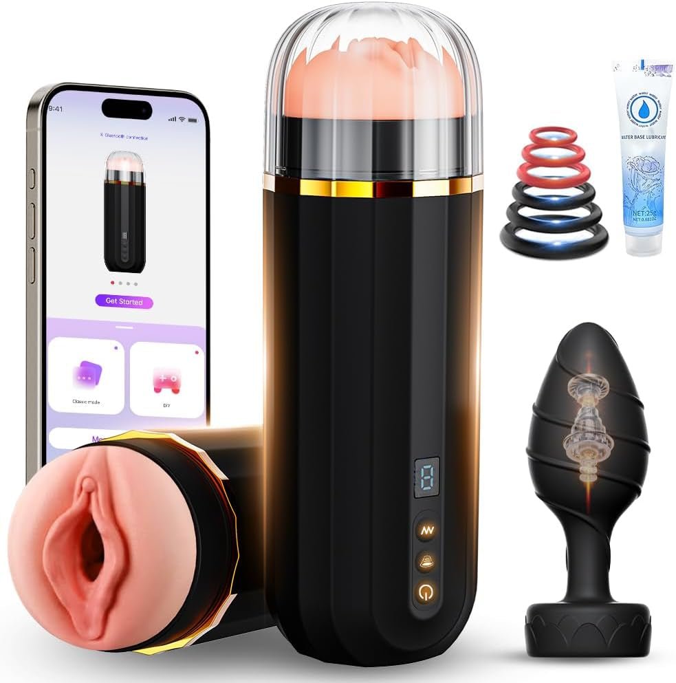 Male Masturbator Sex Toys for Men, Realistic Pocket Pussy Penis Pump with 10 Vibration & 10 Suction Modes, Adult Male Sex Toy Set Includes 1 Fleshlight & 1 Vibrating Anal Plug and 6 Cock Ring - SinfulX - 