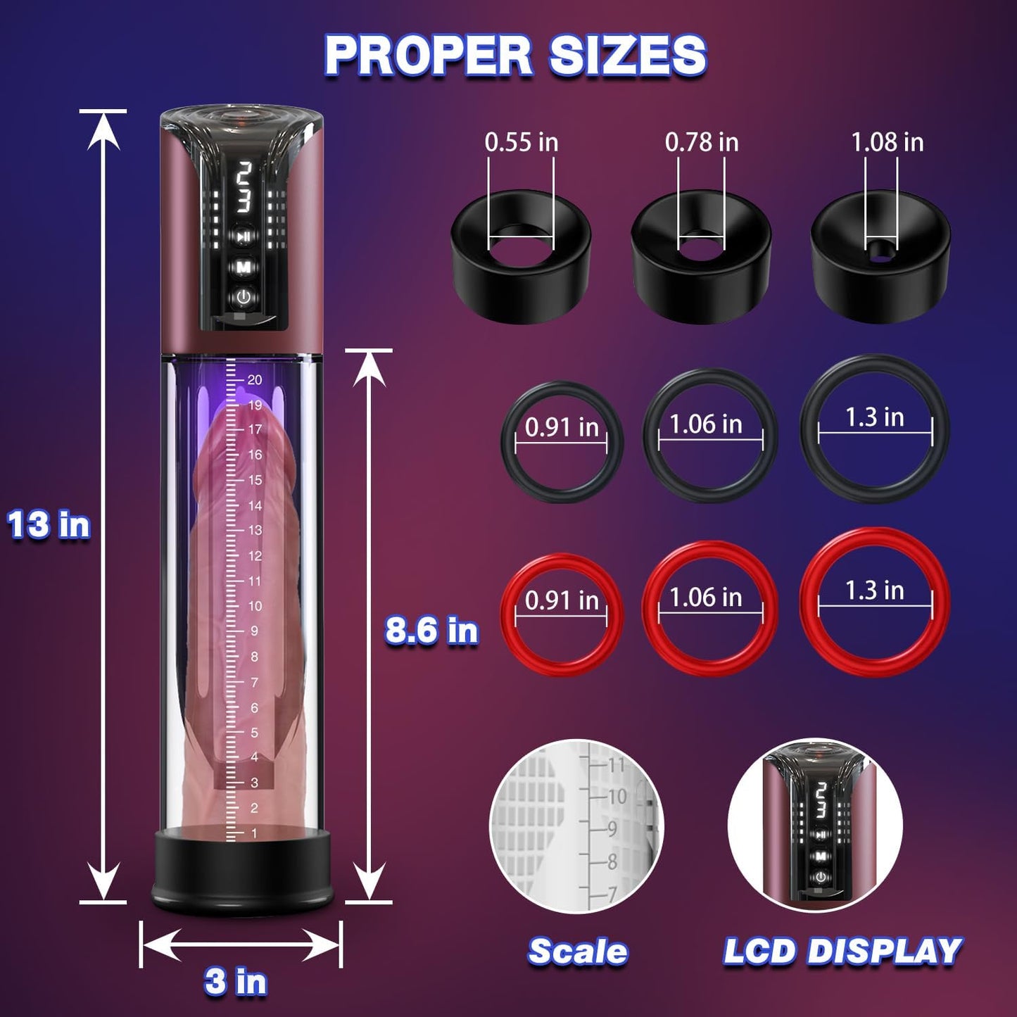 Electric Penis Pump Male Sex Toys Vacuum Pump with 4 Suction Intensities Automatic Penis Extender and 6 Rings, Adult Toys for Men Dick Enlarger Erection (Black) - SinfulX - 