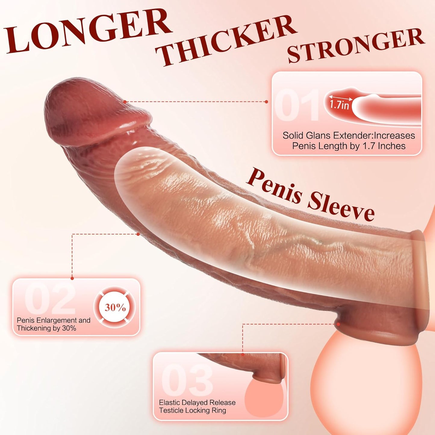 Realistic Penis Sleeve Extender for Men, 8.3'' Silicone Cock Sleeve with Testicle Ring, Reusable Penis Enlarger Delay Ejaculation Enhance Erection Male Adult Sex Toys for Couples by Flesh - SinfulX - 