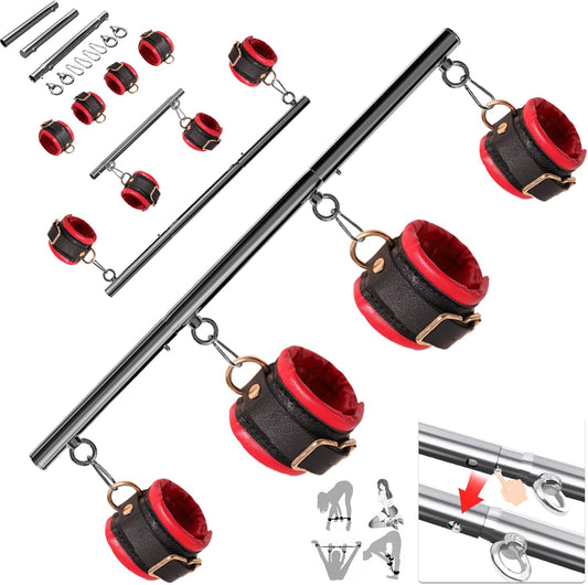 BDSM Bondage Restraints with Handcuffs Ankle Cuffs for Couples Spreader Bar Sex Toys Bondage Gear & Accessories Adjustable Bondage Kit Adult Sex Toys & Games (Red) - SinfulX - 