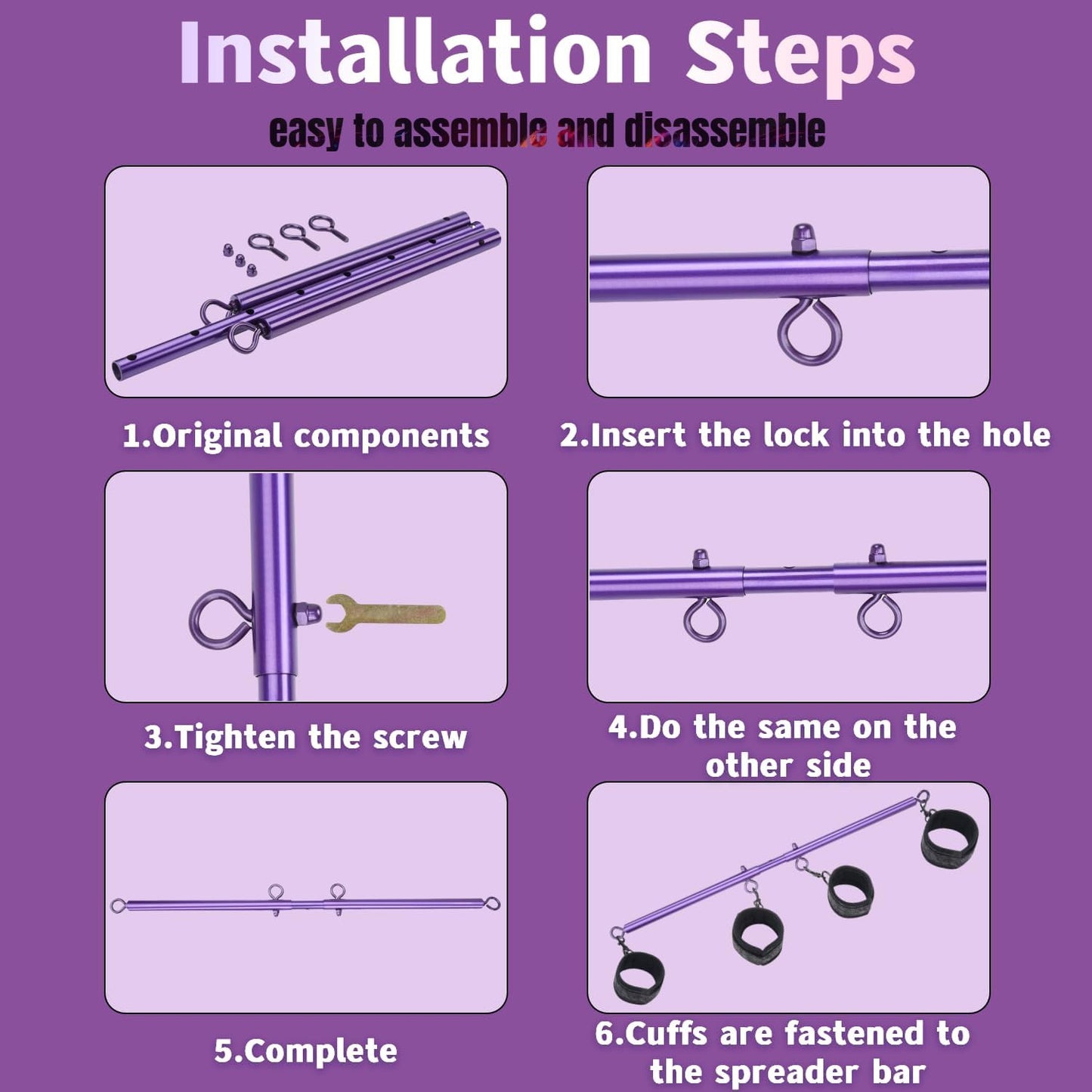 Spreader Bar BDSM Bondage Restraints Kits with Wrist Ankle Neck Collar Adjustable Handcuffs Sex Toys SM Games for Men Women and Couples (Purple) - SinfulX - 