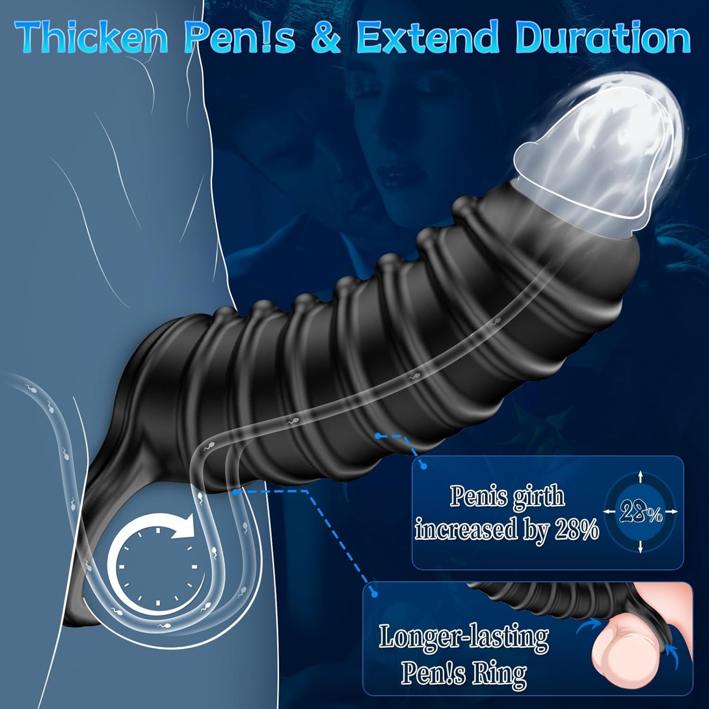 Penis Sleeve for Men - Textured Girth Enhancer Cock Sleeve G Spot Stimulation, Silicone Cock Ring Reusable Penis Extender, Waterproof Penis Pump Sex Toys for Male & Couples - SinfulX - 