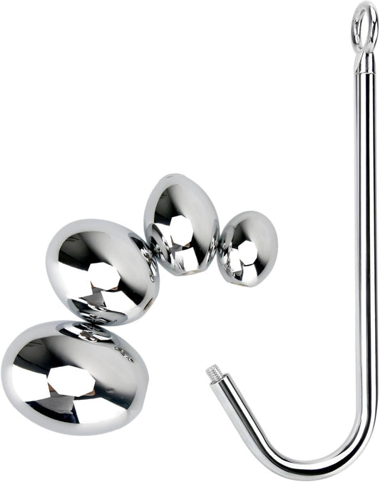 Stainless Steel Anal Hook, Polished Metal Anal Ball Plug with 4 Interchangeable Egg Shape Balls BDSM Anal Sex Toys for Couples - SinfulX - 